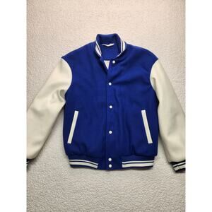 ZARA Men’s Varsity Jacket Blue Cream Letterman Snap Front Bomber Size LARGE